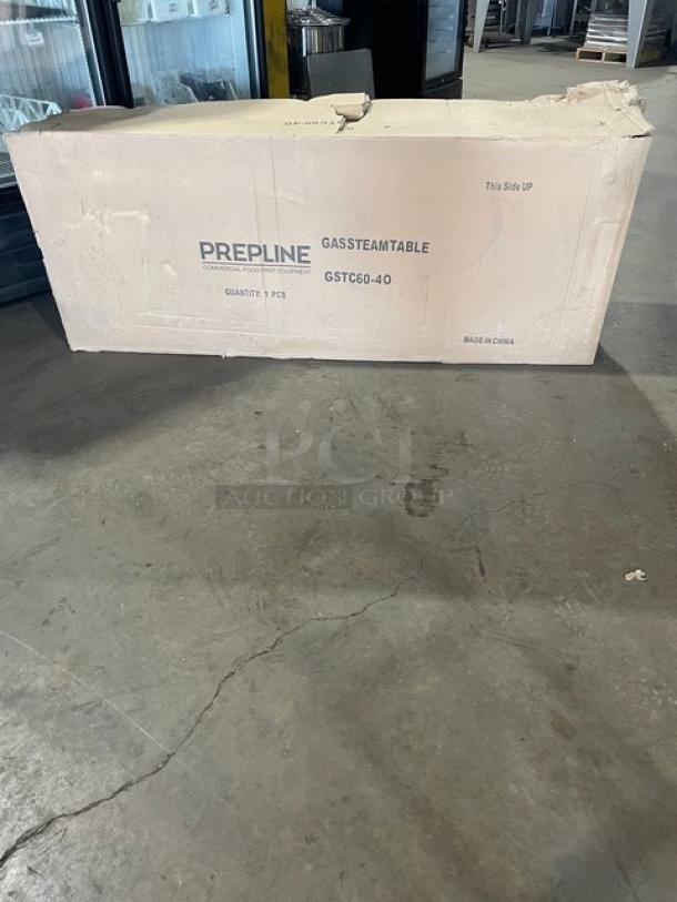 NEW! IN THE BOX! Prepline Commercial Stainless Steel Natural Gas Powered 60" Four Pan Open Well Hot Food Steam Table! With Independent Controls! With Enclosed Storage Base & Sliding Doors! Model: GSTC60-4O! On Legs! - Image 4 of 5