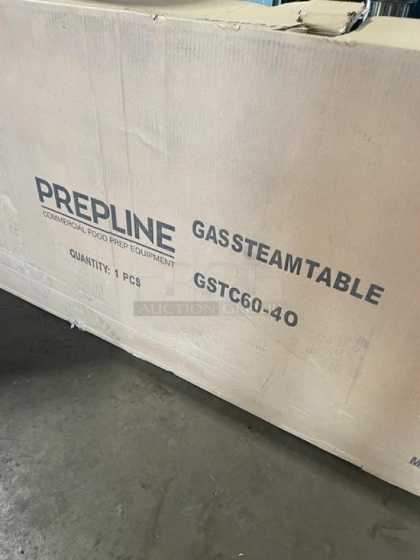 NEW! IN THE BOX! Prepline Commercial Stainless Steel Natural Gas Powered 60" Four Pan Open Well Hot Food Steam Table! With Independent Controls! With Enclosed Storage Base & Sliding Doors! Model: GSTC60-4O! On Legs! - Image 5 of 5