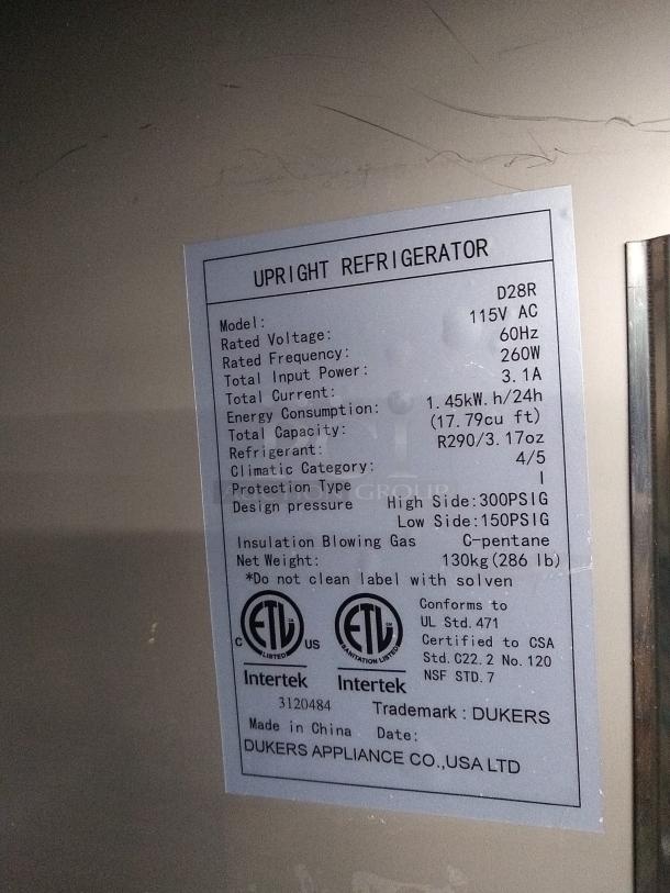 STAINLESS STEEL Dukers 1 Door Commercial Reach In Refrigerator D28R - Image 4 of 5