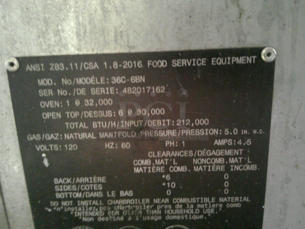 Vulcan 36C-6B 36" 6 Burner Gas Range w/ Convection Oven, Natural Gas Comes With Many Cast Iron Pans - Image 5 of 6
