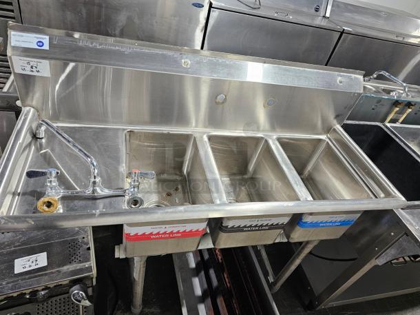 NICE BARELY USED Three Bay Commercial Stainless Sink INCLUDES FAUCET, LEGS! - Image 1 of 3