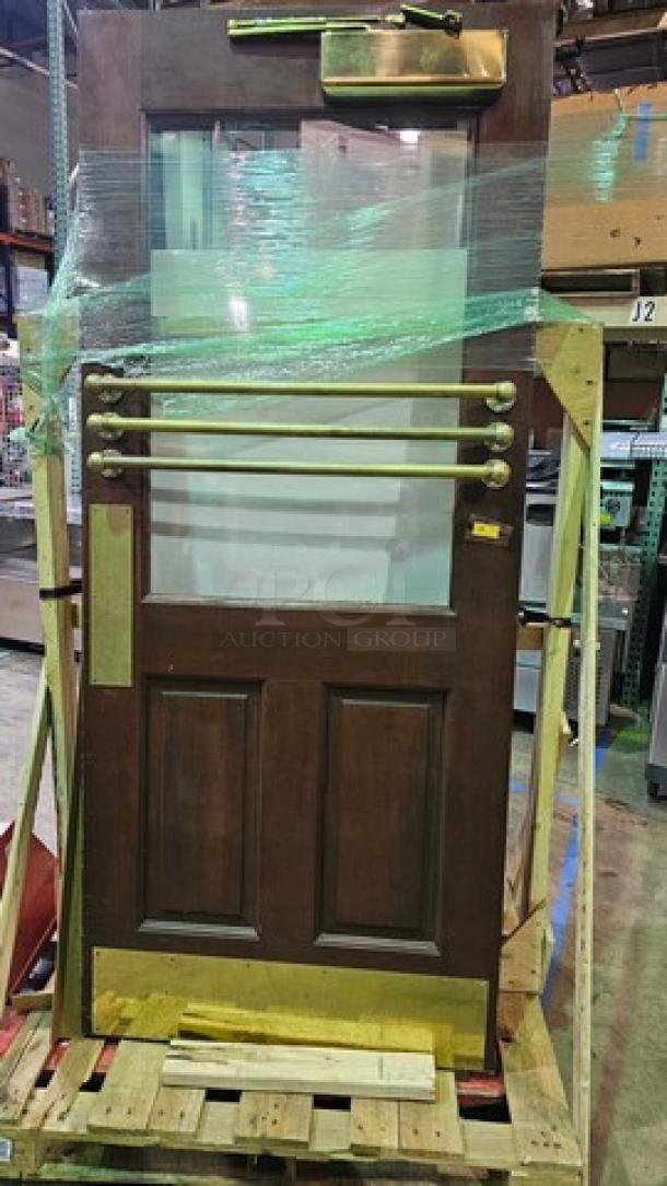 Very Nice Wood Door w/ Glass Panel and Brass Hardware. FROM RUBY TUESDAY - Image 1 of 4