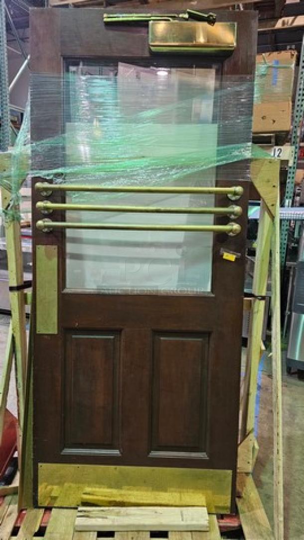 Very Nice Wood Door w/ Glass Panel and Brass Hardware. FROM RUBY TUESDAY - Image 1 of 5