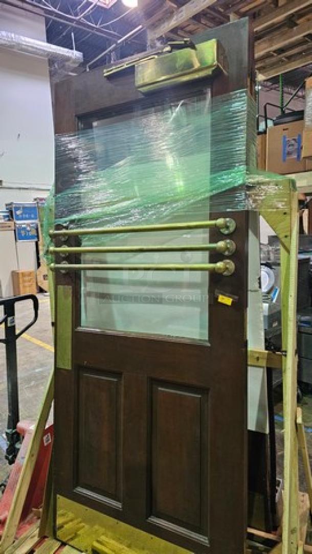 Very Nice Wood Door w/ Glass Panel and Brass Hardware. FROM RUBY TUESDAY - Image 2 of 5