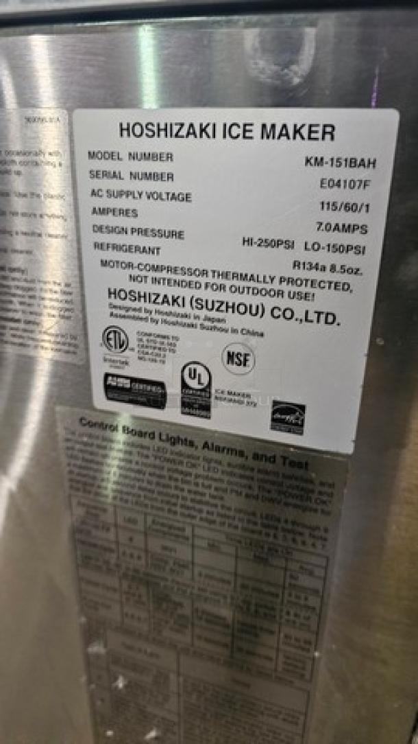 Hoshizaki KM-151BAH, Crescent Cuber Icemaker, Air-cooled, Built in Storage Bin. - Image 3 of 4