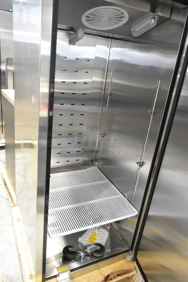 BRAND NEW SCRATCH AND DENT! 2023 Migali C-1F-HC Stainless Steel Commercial Single Door Reach In Freezer w/ Poly Coated Racks. 115 Volts, 1 Phase. Serial C-1F-HC003231103092C0002. Tested and Working! - Image 4 of 5