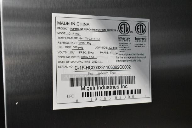 BRAND NEW SCRATCH AND DENT! 2023 Migali C-1F-HC Stainless Steel Commercial Single Door Reach In Freezer w/ Poly Coated Racks. 115 Volts, 1 Phase. Serial C-1F-HC003231103092C0002. Tested and Working! - Image 5 of 5