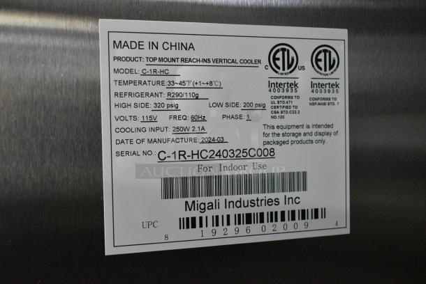 BRAND NEW SCRATCH AND DENT! 2024 Migali C-1R-HC Stainless Steel Commercial Single Door Reach In Cooler w/ Poly Coated Racks. 115 Volts, 1 Phase. Serial C-1R-HC240325C008. Tested and Working! - Image 5 of 5