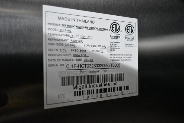 BRAND NEW SCRATCH AND DENT! 2023 Migali C-1F-HC Stainless Steel Commercial Single Door Reach In Freezer w/ Poly Coated Racks. 115 Volts, 1 Phase. Serial C-1F-HCT03230320092T0006. Tested and Working! - Image 7 of 7