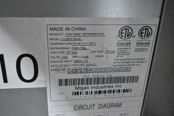 BRAND NEW SCRATCH AND DENT! 2023 Migali C-CB72-76-HC Stainless Steel Commercial 4 Drawer Chef Base on Commercial Casters. 115 Volts, 1 Phase. Serial C-CB72-76-HC003230724092C0001. Tested and Working! - Image 9 of 9