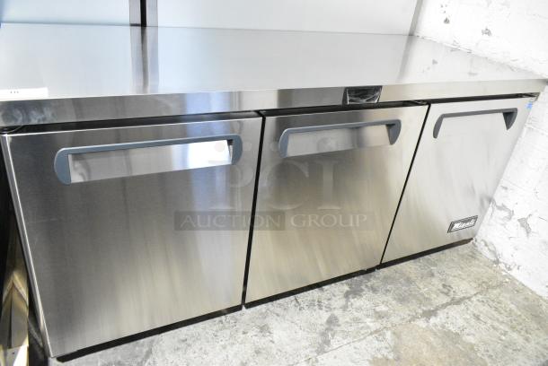 BRAND NEW SCRATCH AND DENT! 2024 Migali C-U72R-HC Stainless Steel Commercial 3 Door Work Top Cooler on Commercial Casters. 115 Volts, 1 Phase. Serial C-U72R-HCN5CT008. Tested and Working! - Image 2 of 8