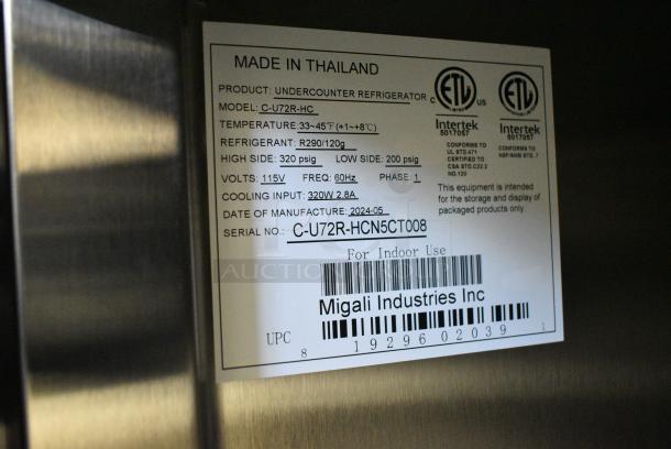 BRAND NEW SCRATCH AND DENT! 2024 Migali C-U72R-HC Stainless Steel Commercial 3 Door Work Top Cooler on Commercial Casters. 115 Volts, 1 Phase. Serial C-U72R-HCN5CT008. Tested and Working! - Image 8 of 8