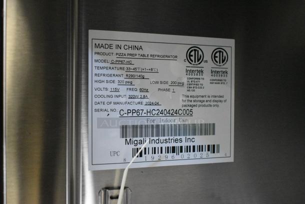 BRAND NEW SCRATCH AND DENT! 2024 Migali C-PP67-HC Stainless Steel Commercial Pizza Prep Table. 115 Volts, 1 Phase. Serial C-PP67-HC240424C005. Tested and Working! - Image 8 of 8
