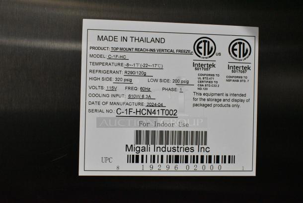 BRAND NEW SCRATCH AND DENT! 2024 Migali C-1F-HC Stainless Steel Commercial Single Door Reach In Freezer w/ Poly Coated Racks on Commercial Casters. 115 Volts, 1 Phase. Serial C-1F-HCTN41T002. Tested and Working! - Image 6 of 6