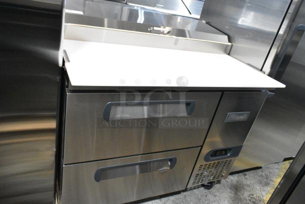 BRAND NEW SCRATCH AND DENT! 2024 Migali C-PP44-D-HC Stainless Steel Commercial Pizza Prep Table w/ 2 Drawers on Commercial Casters. 115 Volts, 1 Phase. Serial C-PP44-D-HC240528C003. Tested and Working! - Image 2 of 10