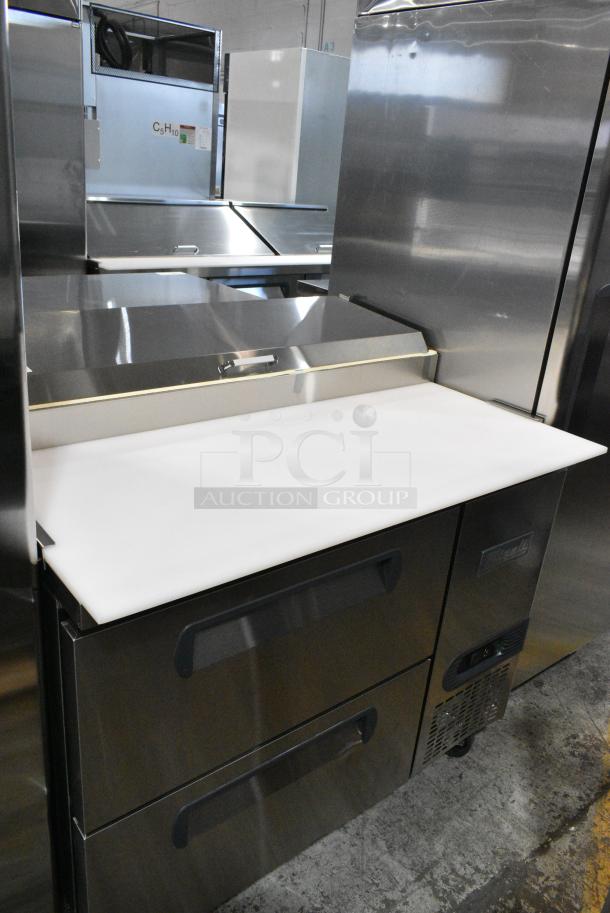 BRAND NEW SCRATCH AND DENT! 2024 Migali C-PP44-D-HC Stainless Steel Commercial Pizza Prep Table w/ 2 Drawers on Commercial Casters. 115 Volts, 1 Phase. Serial C-PP44-D-HC240528C003. Tested and Working! - Image 3 of 10