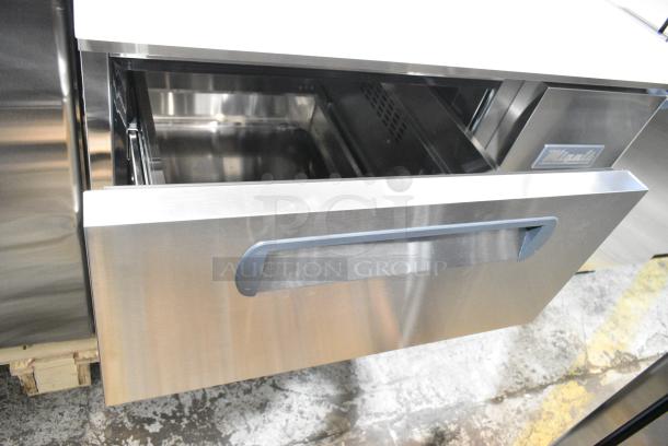 BRAND NEW SCRATCH AND DENT! 2024 Migali C-PP44-D-HC Stainless Steel Commercial Pizza Prep Table w/ 2 Drawers on Commercial Casters. 115 Volts, 1 Phase. Serial C-PP44-D-HC240528C003. Tested and Working! - Image 7 of 10