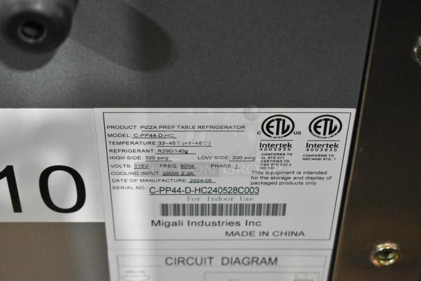 BRAND NEW SCRATCH AND DENT! 2024 Migali C-PP44-D-HC Stainless Steel Commercial Pizza Prep Table w/ 2 Drawers on Commercial Casters. 115 Volts, 1 Phase. Serial C-PP44-D-HC240528C003. Tested and Working! - Image 10 of 10