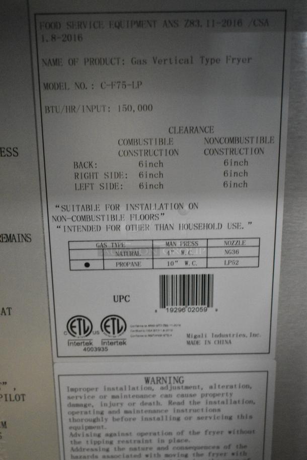 BRAND NEW SCRATCH AND DENT! 2024 Migali C-F75-LP Stainless Steel Commercial Propane Gas Powered 75 Pound Capacity Deep Fat Fryer w/ 2 Metal Fry Baskets. 150,000 BTU. Serial C-F75-LP2404150006. Tested and Working! - Image 9 of 10