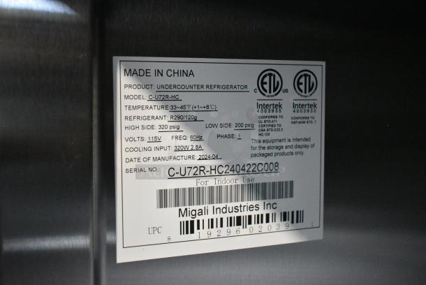BRAND NEW SCRATCH AND DENT! 2024 Migali C-U72R-HC Stainless Steel Commercial 3 Door Undercounter Cooler. 150,000 BTU. Serial C-U72R-HC240422C008. Tested and Working! - Image 8 of 8