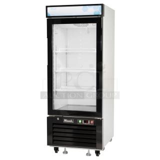 BRAND NEW SCRATCH AND DENT! 2022 Migali C-10RM-HC Metal Commercial Single Door Reach In Cooler Merchandiser w/ Poly Coated Racks on Commercial Casters. 115 Volts, 1 Phase. Serial C-10RM-HC003221101092C0004. Tested and Working!