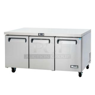 BRAND NEW SCRATCH AND DENT! 2024 Migali C-U72R-HC Stainless Steel Commercial 3 Door Work Top Cooler on Commercial Casters. 115 Volts, 1 Phase. Serial C-U72R-HCN5CT008. Tested and Working!