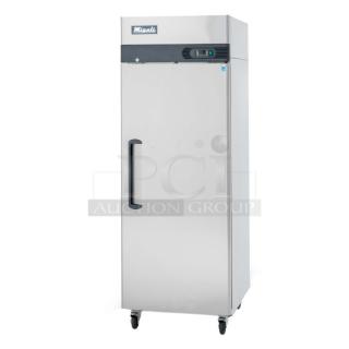 BRAND NEW SCRATCH AND DENT! 2023 Migali C-1R-HC Stainless Steel Commercial Single Door Reach In Cooler w/ Poly Coated Racks on Commercial Casters. 115 Volts, 1 Phase. Serial C-1R-HCT03230817092T0006. Tested and Working!