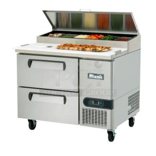 BRAND NEW SCRATCH AND DENT! 2024 Migali C-PP44-D-HC Stainless Steel Commercial Pizza Prep Table w/ 2 Drawers on Commercial Casters. 115 Volts, 1 Phase. Serial C-PP44-D-HC240528C003. Tested and Working!