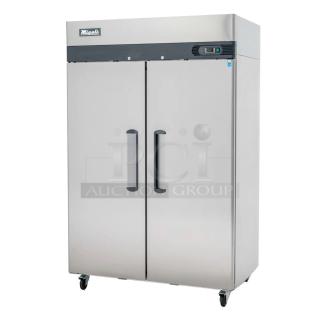 BRAND NEW SCRATCH AND DENT! 2024 Migali C-U72R-HC Stainless Steel Commercial 2 Door Reach In Cooler w/ Poly Coated Racks on Commercial Casters. 115 Volts, 1 Phase. Serial C-2R-HCN44T005. Tested and Working!