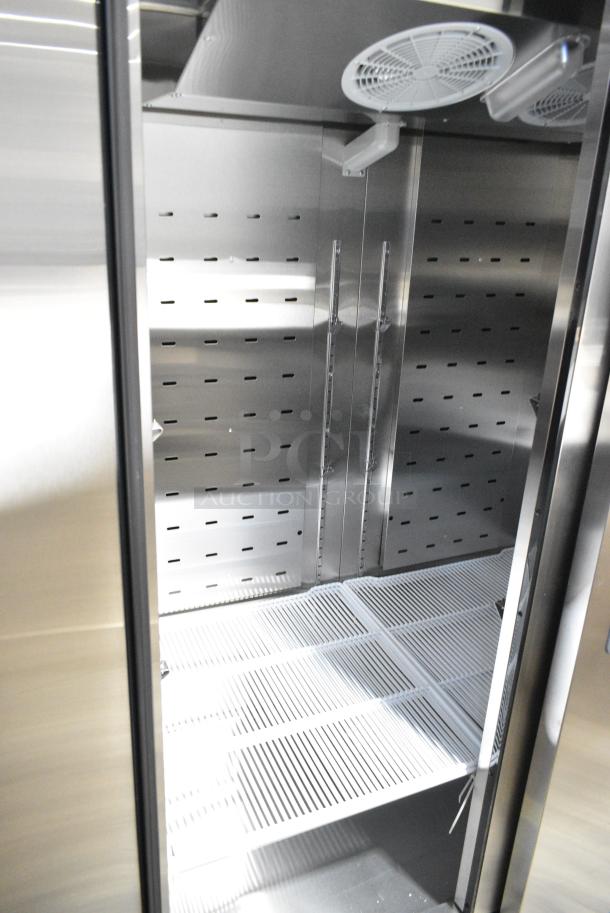 BRAND NEW SCRATCH AND DENT! 2024 Migali C-U72R-HC Stainless Steel Commercial 2 Door Reach In Cooler w/ Poly Coated Racks on Commercial Casters. 115 Volts, 1 Phase. Serial C-2R-HCN44T005. Tested and Working! - Image 5 of 7