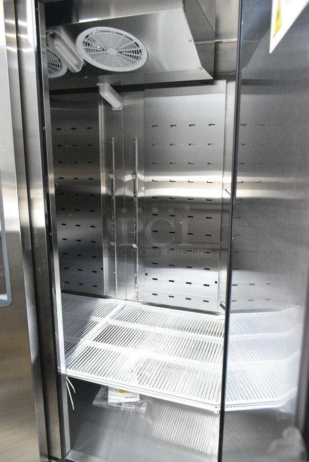 BRAND NEW SCRATCH AND DENT! 2024 Migali C-U72R-HC Stainless Steel Commercial 2 Door Reach In Cooler w/ Poly Coated Racks on Commercial Casters. 115 Volts, 1 Phase. Serial C-2R-HCN44T005. Tested and Working! - Image 6 of 7