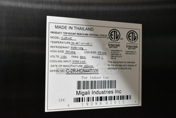 BRAND NEW SCRATCH AND DENT! 2024 Migali C-U72R-HC Stainless Steel Commercial 2 Door Reach In Cooler w/ Poly Coated Racks on Commercial Casters. 115 Volts, 1 Phase. Serial C-2R-HCN44T005. Tested and Working! - Image 7 of 7