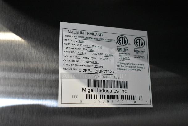 BRAND NEW SCRATCH AND DENT! 2024 Migali C-2FB-HC Stainless Steel Commercial 2 Door Reach In Freezer w/ Poly Coated Racks on Commercial Casters. 115 Volts, 1 Phase. Serial C-2FB-HCN6CT020. Tested and Working! - Image 7 of 7
