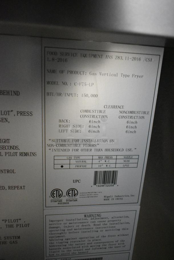 BRAND NEW SCRATCH AND DENT! 2024 Migali C-F75-LP Stainless Steel Commercial Propane Gas Powered 75 Pound Capacity Deep Fat Fryer w/ 2 Metal Fry Baskets. 150,000 BTU. Serial C-F75-LP2404150010. - Image 9 of 10