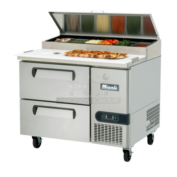 BRAND NEW SCRATCH AND DENT! 2024 Migali C-PP44-D-HC Stainless Steel Commercial Pizza Prep Table w/ 2 Drawers on Commercial Casters. 115 Volts, 1 Phase. Serial C-PP44-D-HC240429C002. Tested and Working! - Image 1 of 9