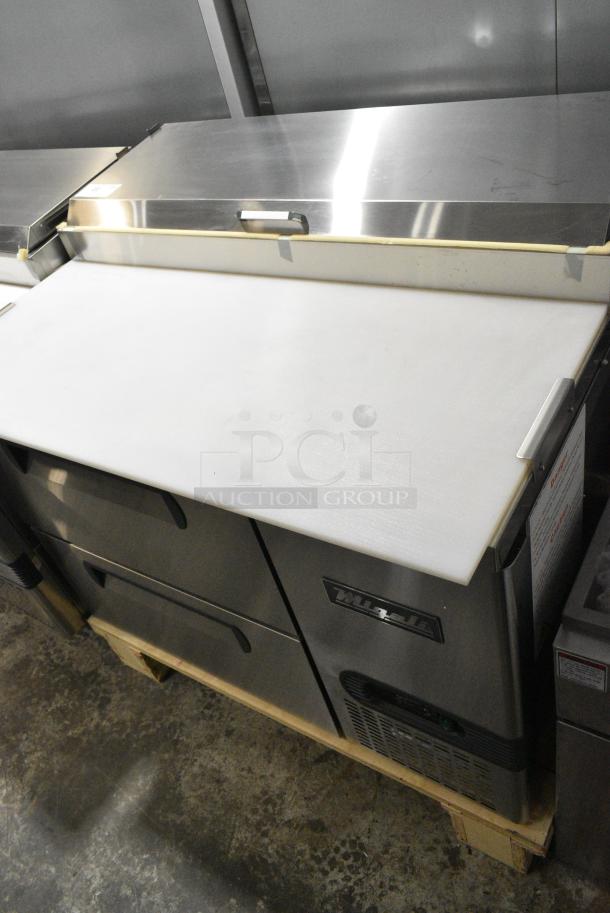 BRAND NEW SCRATCH AND DENT! 2024 Migali C-PP44-D-HC Stainless Steel Commercial Pizza Prep Table w/ 2 Drawers on Commercial Casters. 115 Volts, 1 Phase. Serial C-PP44-D-HC240429C002. Tested and Working! - Image 3 of 9