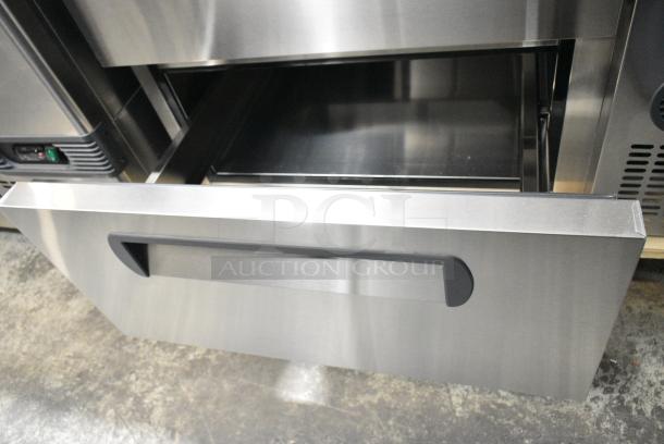 BRAND NEW SCRATCH AND DENT! 2024 Migali C-PP44-D-HC Stainless Steel Commercial Pizza Prep Table w/ 2 Drawers on Commercial Casters. 115 Volts, 1 Phase. Serial C-PP44-D-HC240429C002. Tested and Working! - Image 8 of 9