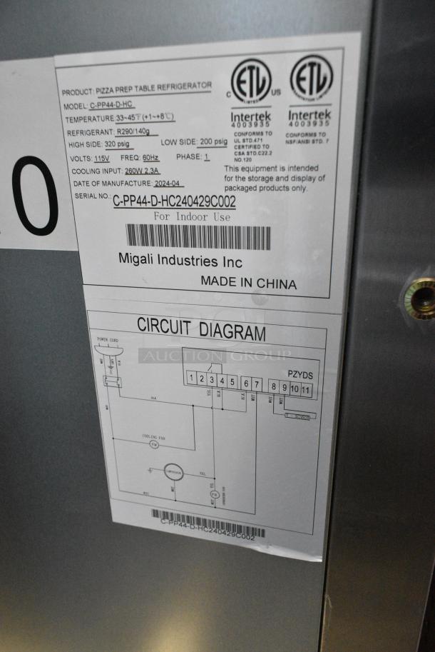 BRAND NEW SCRATCH AND DENT! 2024 Migali C-PP44-D-HC Stainless Steel Commercial Pizza Prep Table w/ 2 Drawers on Commercial Casters. 115 Volts, 1 Phase. Serial C-PP44-D-HC240429C002. Tested and Working! - Image 9 of 9