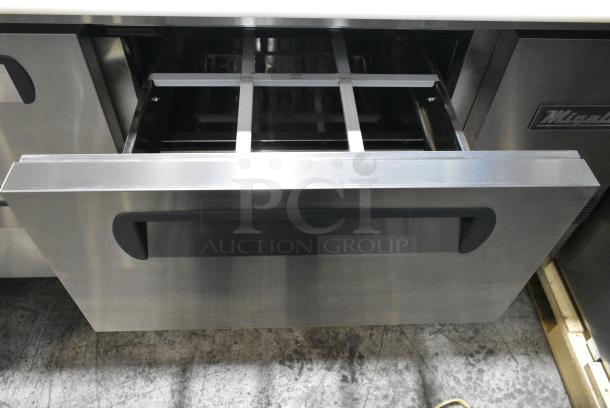 BRAND NEW SCRATCH AND DENT! 2024 Migali C-PP44-D-HC Stainless Steel Commercial Pizza Prep Table w/ 4 Drawers on Commercial Casters. 115 Volts, 1 Phase. Serial C-PP67-HCT03230814092T0036. Tested and Working! - Image 11 of 14