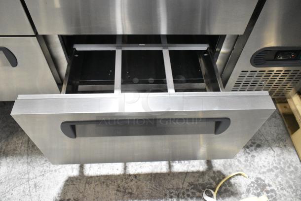 BRAND NEW SCRATCH AND DENT! 2024 Migali C-PP44-D-HC Stainless Steel Commercial Pizza Prep Table w/ 4 Drawers on Commercial Casters. 115 Volts, 1 Phase. Serial C-PP67-HCT03230814092T0036. Tested and Working! - Image 12 of 14