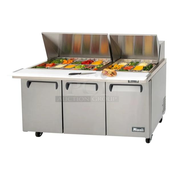 BRAND NEW SCRATCH AND DENT! 2023 Migali C-SP72-30BT-HC Stainless Steel Commercial Sandwich Salad Prep Table Bain Marie Mega Top on Commercial Casters. 115 Volts, 1 Phase. Serial C-SP72-30BT-H003231101092C0005. Tested and Working! - Image 1 of 14
