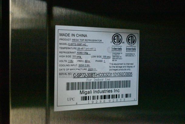 BRAND NEW SCRATCH AND DENT! 2023 Migali C-SP72-30BT-HC Stainless Steel Commercial Sandwich Salad Prep Table Bain Marie Mega Top on Commercial Casters. 115 Volts, 1 Phase. Serial C-SP72-30BT-H003231101092C0005. Tested and Working! - Image 14 of 14