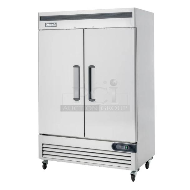 BRAND NEW SCRATCH AND DENT! 2023 Migali C-U72R-HC Stainless Steel Commercial 2 Door Reach In Cooler w/ Poly Coated Racks on Commercial Casters. 115 Volts, 1 Phase. Serial C-2RB-35-HC003230726092C0007. Tested and Working! - Image 1 of 8