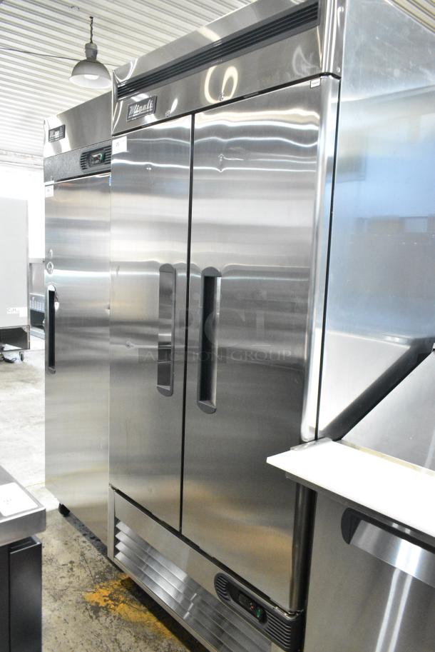 BRAND NEW SCRATCH AND DENT! 2023 Migali C-U72R-HC Stainless Steel Commercial 2 Door Reach In Cooler w/ Poly Coated Racks on Commercial Casters. 115 Volts, 1 Phase. Serial C-2RB-35-HC003230726092C0007. Tested and Working! - Image 2 of 8