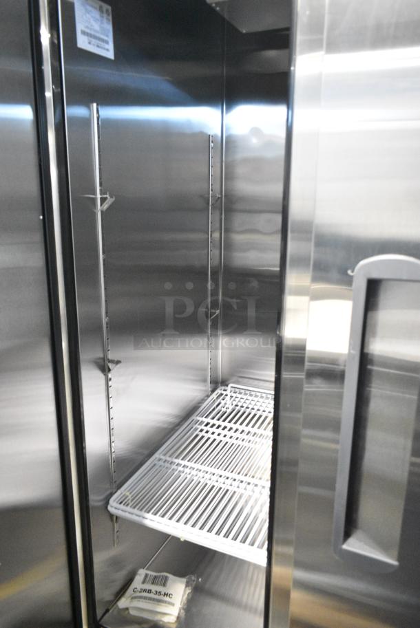 BRAND NEW SCRATCH AND DENT! 2023 Migali C-U72R-HC Stainless Steel Commercial 2 Door Reach In Cooler w/ Poly Coated Racks on Commercial Casters. 115 Volts, 1 Phase. Serial C-2RB-35-HC003230726092C0007. Tested and Working! - Image 6 of 8