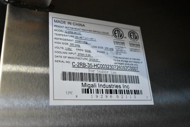 BRAND NEW SCRATCH AND DENT! 2023 Migali C-U72R-HC Stainless Steel Commercial 2 Door Reach In Cooler w/ Poly Coated Racks on Commercial Casters. 115 Volts, 1 Phase. Serial C-2RB-35-HC003230726092C0007. Tested and Working! - Image 8 of 8