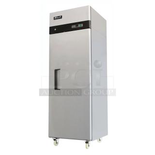 BRAND NEW SCRATCH AND DENT! 2024 Migali C-1R-HC Stainless Steel Commercial Single Door Reach In Cooler w/ Poly Coated Racks on Commercial Casters. 115 Volts, 1 Phase. Serial C-1R-HC240222C022. Tested and Working!