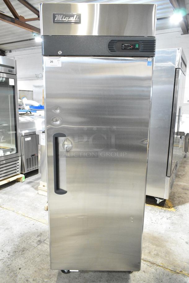 BRAND NEW SCRATCH AND DENT! 2024 Migali C-1R-HC Stainless Steel Commercial Single Door Reach In Cooler w/ Poly Coated Racks on Commercial Casters. 115 Volts, 1 Phase. Serial C-1R-HC240222C022. Tested and Working! - Image 2 of 6
