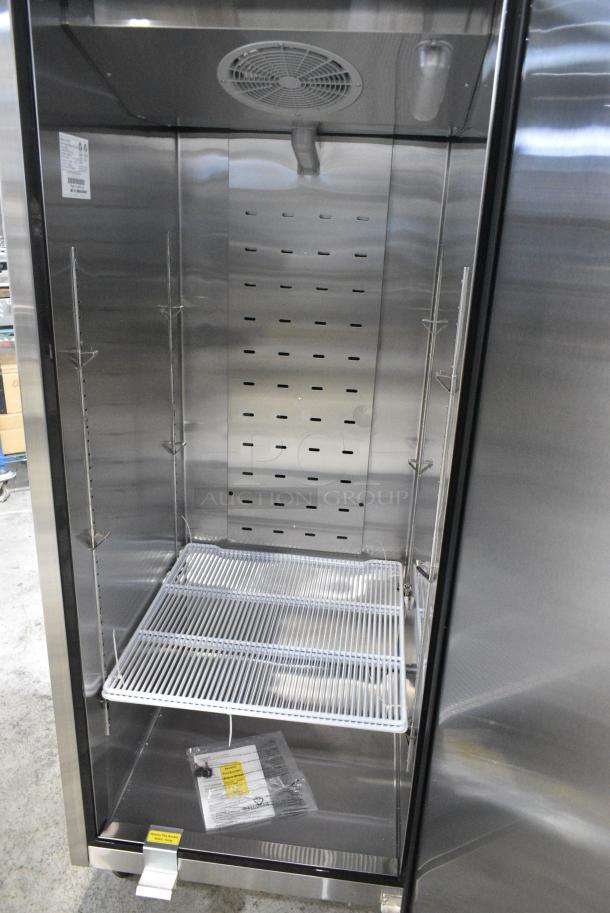 BRAND NEW SCRATCH AND DENT! 2024 Migali C-1R-HC Stainless Steel Commercial Single Door Reach In Cooler w/ Poly Coated Racks on Commercial Casters. 115 Volts, 1 Phase. Serial C-1R-HC240222C022. Tested and Working! - Image 5 of 6