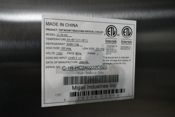 BRAND NEW SCRATCH AND DENT! 2024 Migali C-1R-HC Stainless Steel Commercial Single Door Reach In Cooler w/ Poly Coated Racks on Commercial Casters. 115 Volts, 1 Phase. Serial C-1R-HC240222C022. Tested and Working! - Image 6 of 6